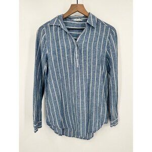 Beachlunchlounge Linen Shirt Women XS Blue Stripe Collared V-Neck Popover